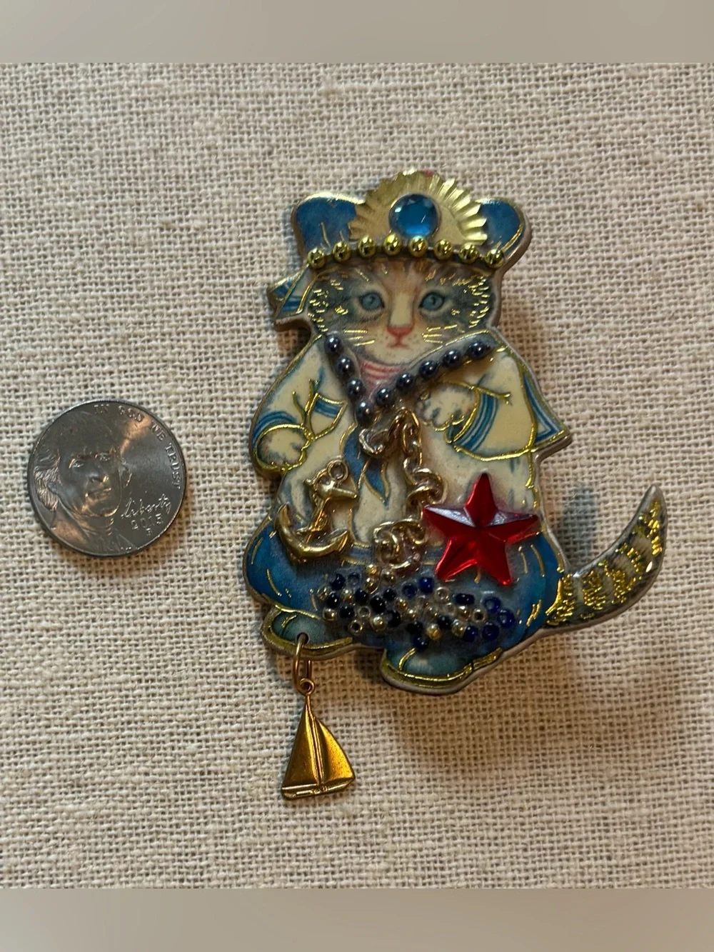 Vintage Handcrafted Whimsical Cat Nautical Brooch Pin Dangle Sailboat